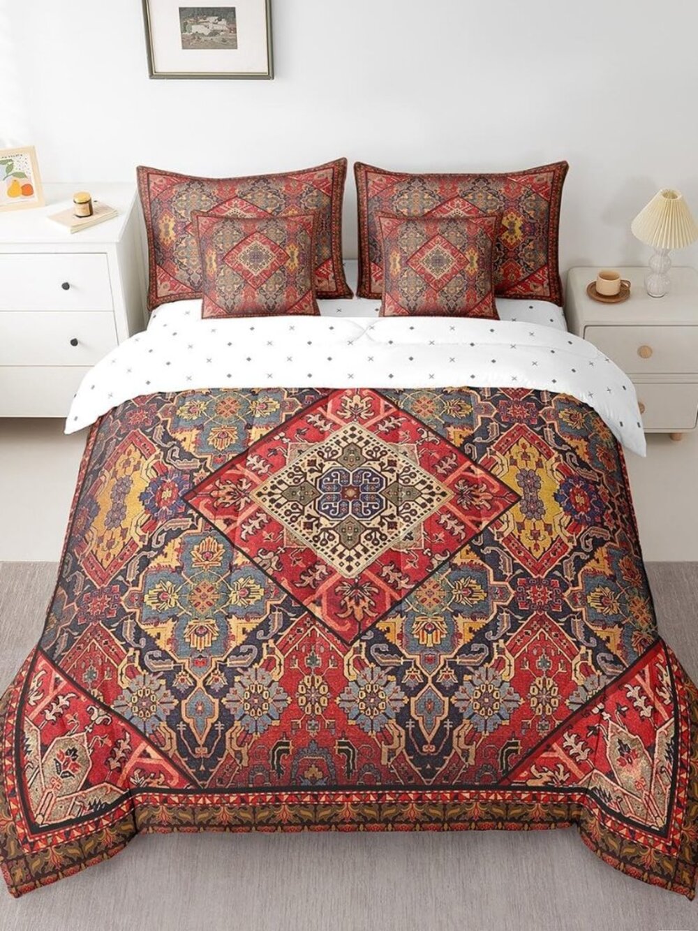 Boho Floral 7 Pcs Comforter Set, Retro Flower Grid King